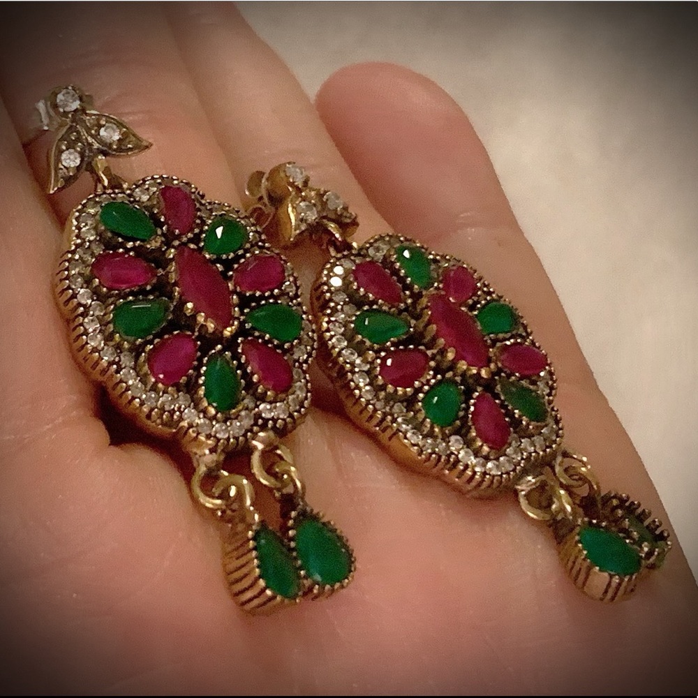 Ruby Emerald Dangle Earrings Solid 925 Silver/Gold - image 1